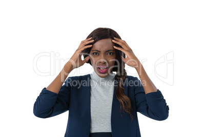 Portrait of businesswoman with head in hands