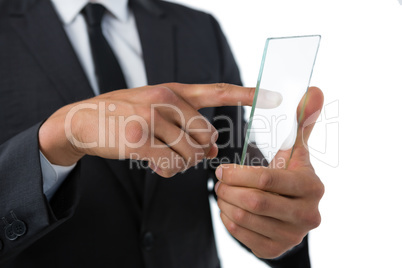 Businessman touching transparent interface screen
