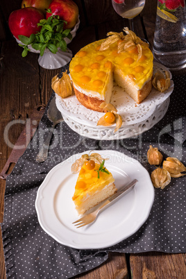 delicious cakes with Physalis, fresh apples and cream
