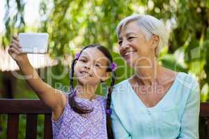 Smiling girl and grandmother taking selfie