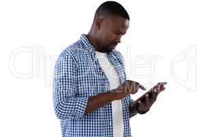 Man using digital tablet against white background