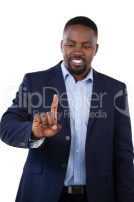 Classy businessman pointing his finger while talking