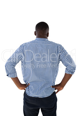 Man looking at invisible virtual screen against white background