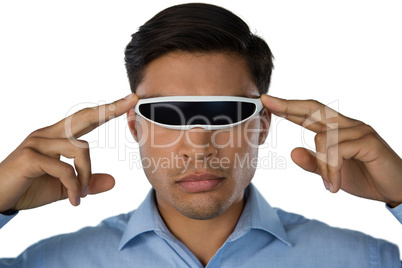 Close up of businessman wearing smart glasses