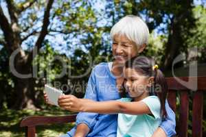 Smiling girl taking selfie with grandmother while sitting on bench