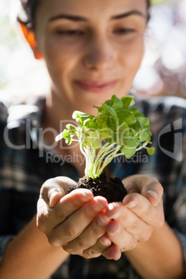 Smiling woman looking at seedling in her cupped hands