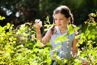 Girl looking at white flowers in backyard