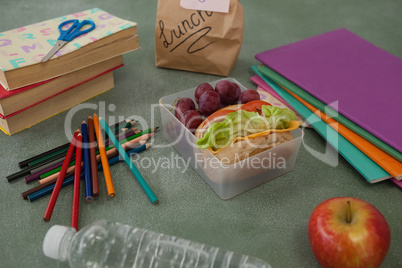 School supplies and lunch box on chalkboard