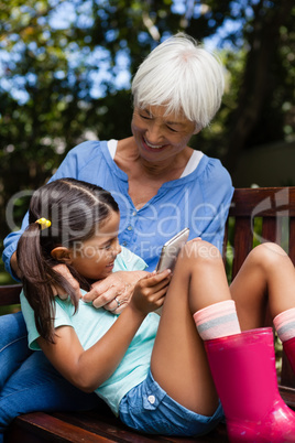 Cheerful senior woman enjoying with girl holding mobile phone on bench