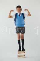Schoolboy standing on books stack against white background