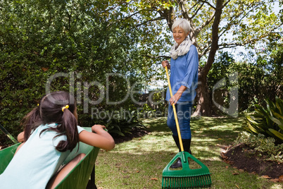 Senior woman holding rake while looking girl sitting in wheelbarrow