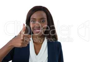 Close up portrait of happy businesswoman showing thumbs up