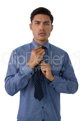 Portrait of young businessman adjusting necktie