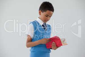 Schoolboy reading book against white background