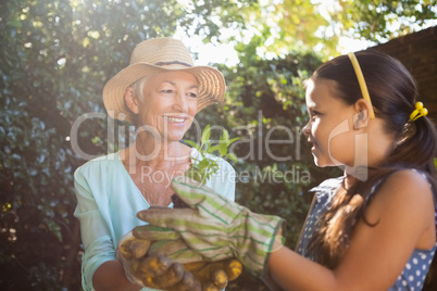 Smiling senior woman with granddaughter holding seedling