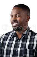 Happy man standing against white background