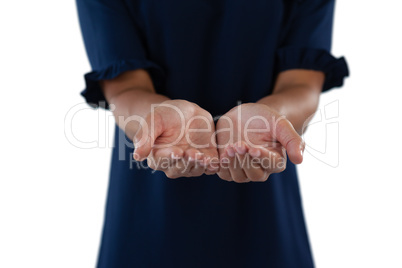 Helpless female executive showing his hands