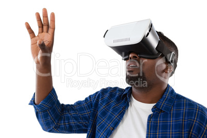 Man gesturing while using virtual reality headset