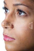 Womans face against white background