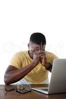 Man using laptop against white background