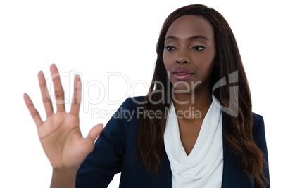 Close up of businesswoman using interface screen against white background