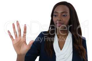 Close up of businesswoman using interface screen against white background