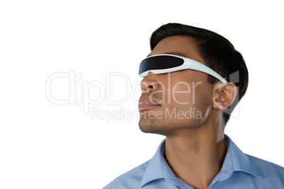 Close up of young businessman using smart glasses