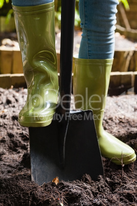 Low section of woman standing with shovel on dirt