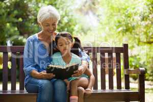 Grandmother reading novel to granddaughter sitting on wooden bench