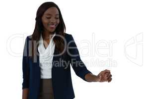Happy businesswoman touching interface screen