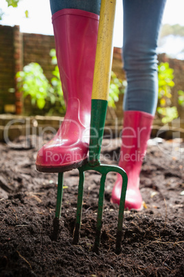 Low section of woman wearing pink rubber boot standing with fork on dirt