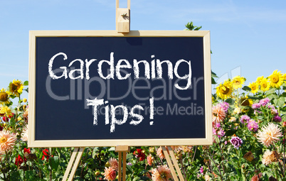 Gardening Tips - chalkboard with flowers in the garden