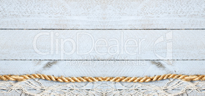 Wooden plank background texture empty with rope and fishing net