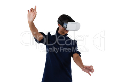 Woman gesturing while using virtual reality headset