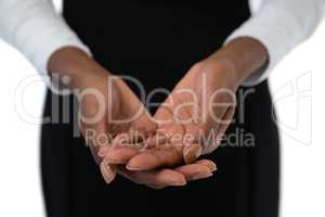 Mid section of businesswoman holding something with hands cupped