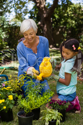 Smiling senior woman and girl watering potted plants