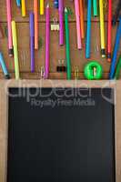 School supplies arranged on wooden table