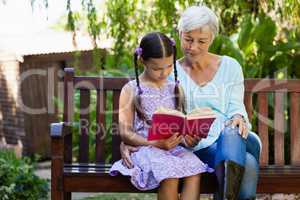 Senior woman sitting by girl reading book on wooden bench