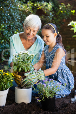 Senior woman teaching gardening to granddaughter at backyard