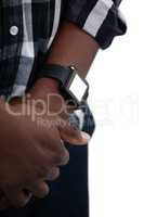 Man wearing smartwatch against white background