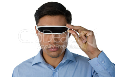Close up of businessman using smart glasses