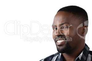 Happy man standing against white background