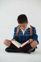 Schoolboy reading book on white background