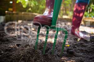 Low section of senior woman standing by garden fork on dirt
