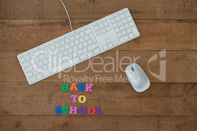Keyboard, mouse and block letter with back to work text