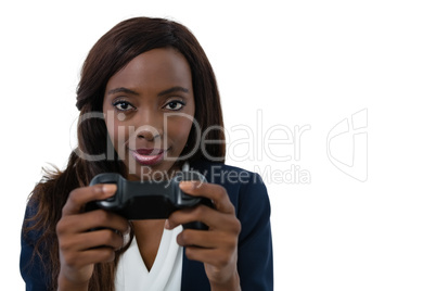 Close up portrait of businesswoman playing video game