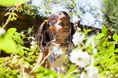 Girl standing amidst plants on sunny day