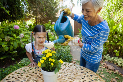 Girl looking while smiling senior woman watering yellow flowers on table