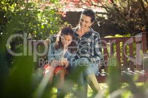 Smiling woman sitting with arm around daughter using mobile phone on wooden bench
