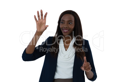 Smiling businesswoman using interface screen